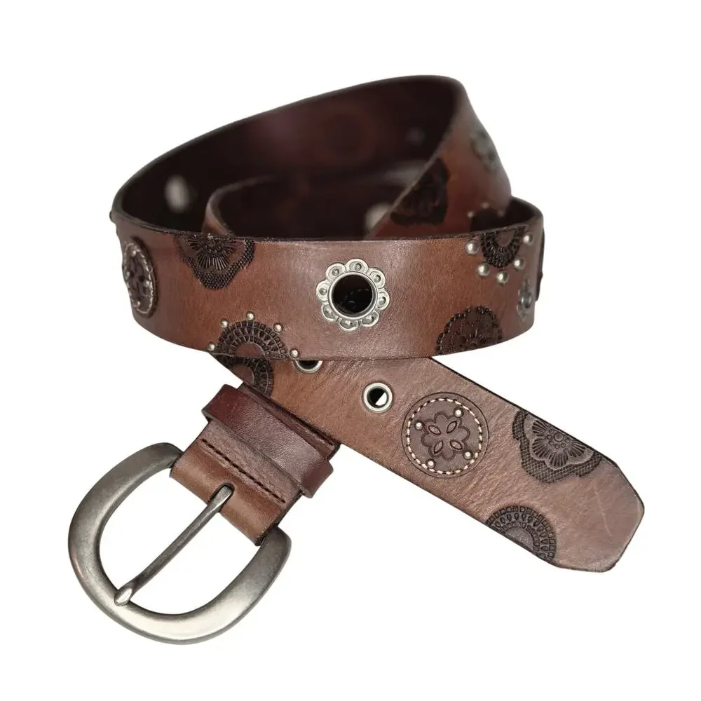 Boho Genuine Leather Embossed Medallion Belt | Brown Western Festival | Medium